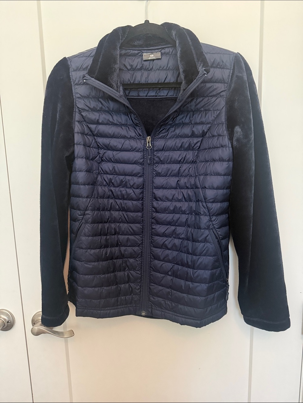 32 Degrees Navy Quilted Puffer Jacket with Velvet Sleeves